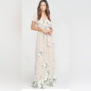 Show Me Your Mumu Floral Ruffle Maxi Dress Beige Green Small Wedding Guest
